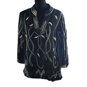 LAUREN MICHELLE Black Scoop Neck 3/4 Sleeve Shirt w/ Gold Soutache Size L